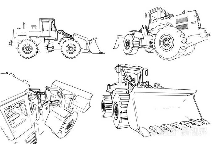 大量的矢量图像从不同的角度.这台机器是由轮廓线表示