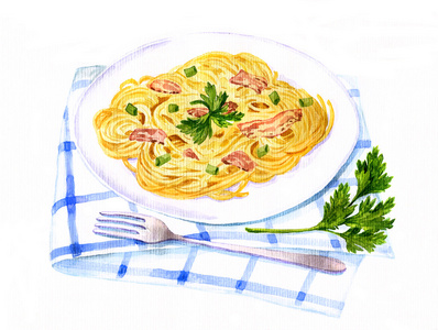 意大利面条 carbonara 画的水彩