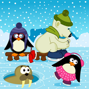 在溜冰场上的北极熊海象企鹅