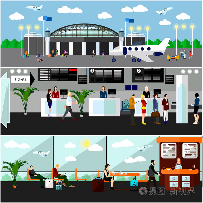 航空售票处, 值机柜台和等候区插画-正版商用图片0e8j2d-摄图新视界
