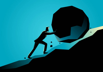 上坡推大石头的商人照片