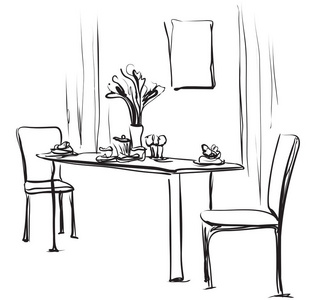 咖啡的餐桌.手画素描矢量图照片