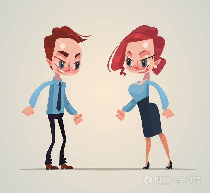 生气的男人和女人办公室工人字符争吵和尖叫.矢量平面卡通插画