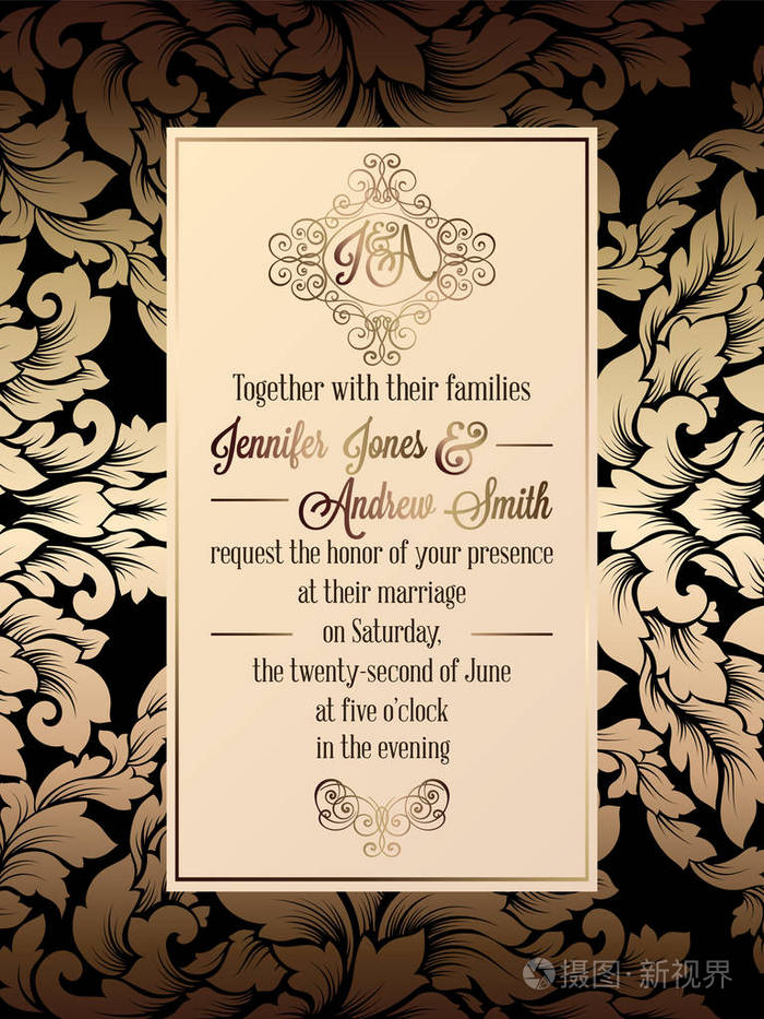 复古的巴洛克式风格婚礼邀请卡模板。优雅与绫背景 传统装饰为婚礼 黄金在黑色背景上的正式设计