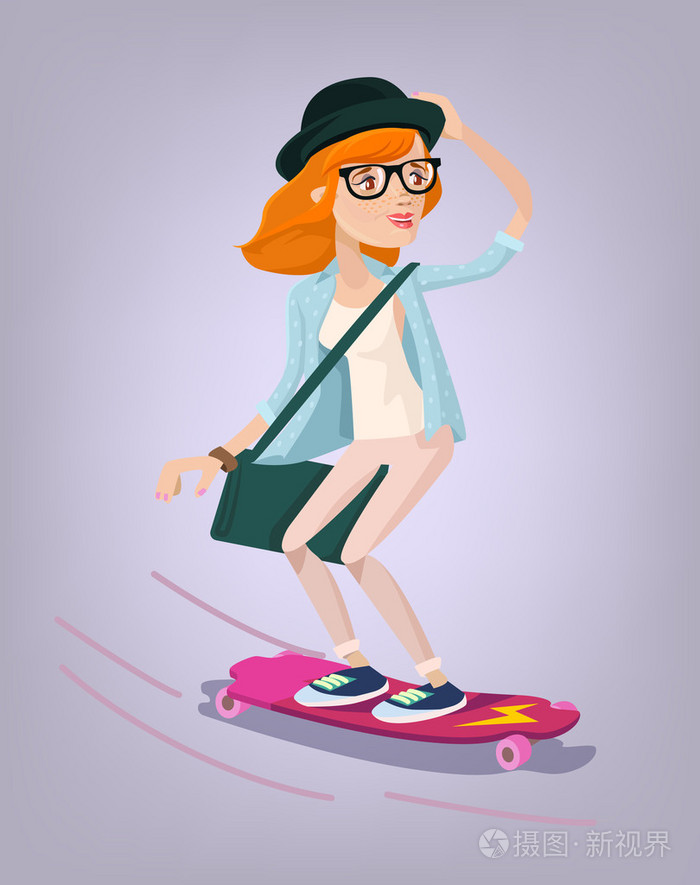 女孩子溜冰者性格上退潮.矢量平面卡通插画
