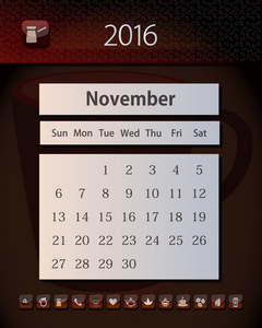 模板业务日历 2016年设计与茶 咖啡和巧克力的颜色，11 月