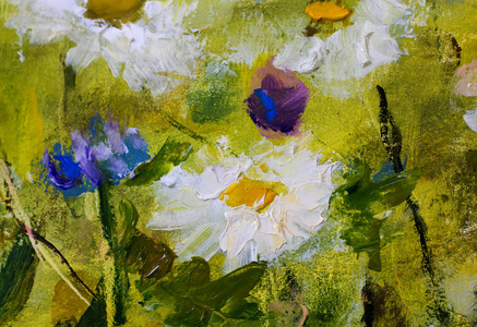 大白色的雏菊花特写宏油画画布上.现代 impressionism.