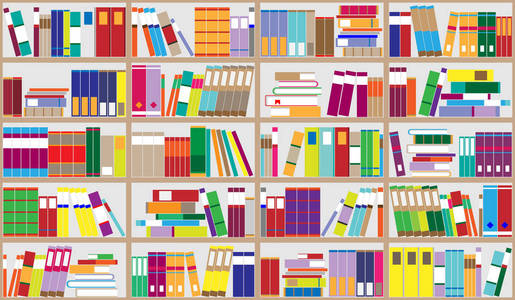 书架上背景。货架上摆满五彩斑斓的图书。家图书馆书籍。矢量关闭了插图。卡通设计风格
