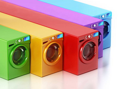 色皂洗机多彩色洗衣机孤立在白色背景上.3d 图照片