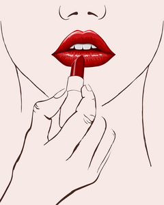 女人描绘她用红色口红的嘴唇。手绘插图