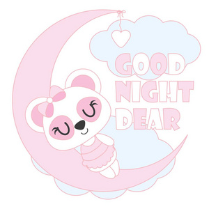熊猫可爱睡上月亮矢量卡通插画为婴儿洗澡卡设计