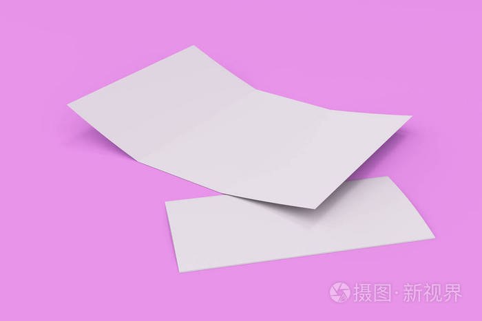 空白的白色开放三折叠小册子样机在紫罗兰色的背景上