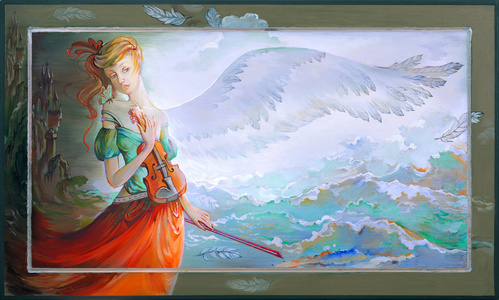 旋律的梦想.在木头上的油画照片