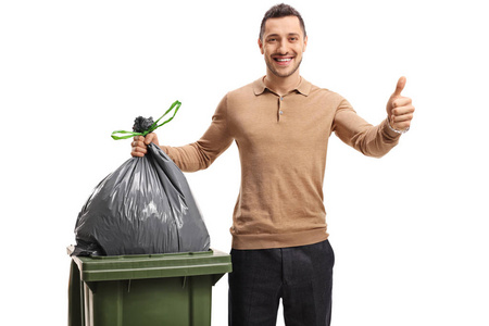 男人扔掉的垃圾,使大拇指手势插画