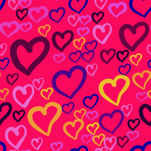 无缝向量模式与重复的粉红色的背景上的不同颜色的心.
