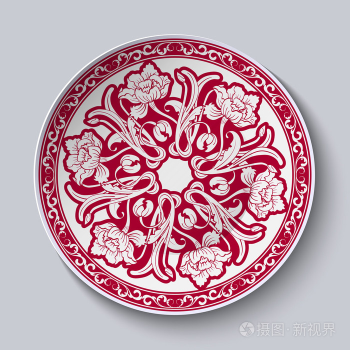 圆形不寻常的红色花卉图案. 中国传统瓷器