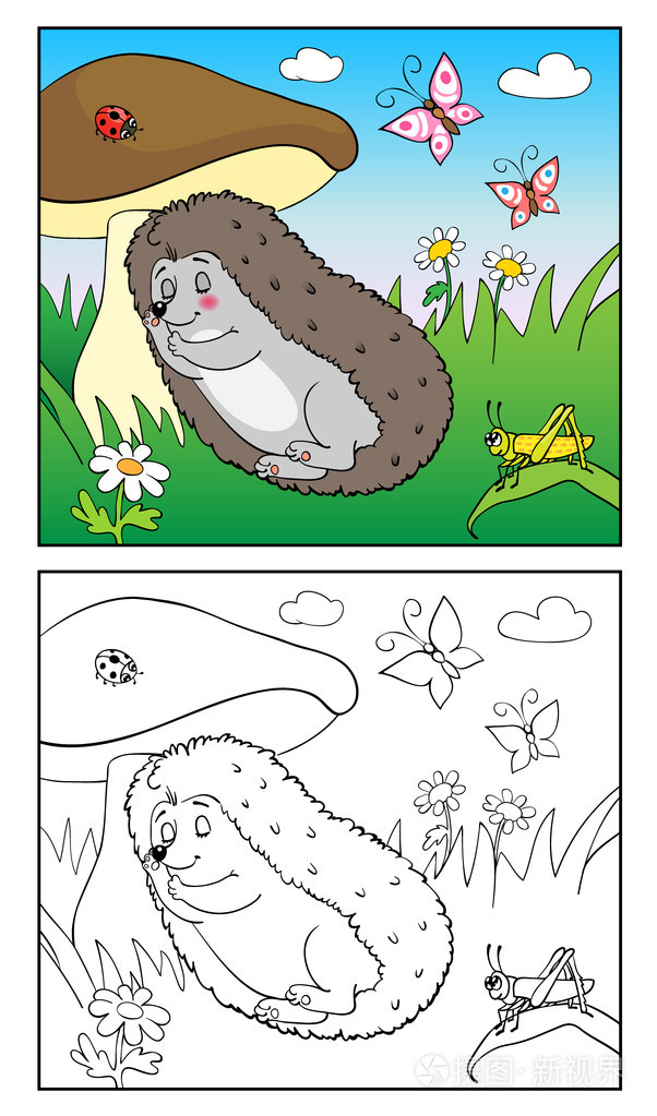图画书儿童的刺猬和昆虫的插图