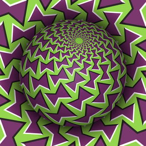 视错觉矢量图。图案化的球洞里翱翔。绿色紫色的图案化的对象。在超现实的风格的抽象背景