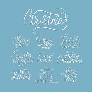 快乐圣诞刻字排版。手写文本设计与冬季一手拉刻字。快乐新年祝福矢量卡装饰