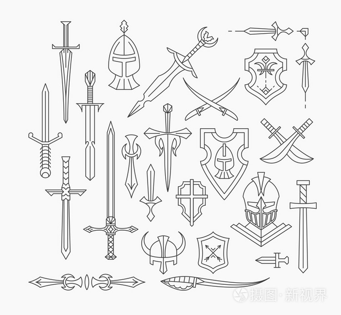 一套线性中世纪武器和盾牌插画-正版商用图片0eaaxn-摄图新视界
