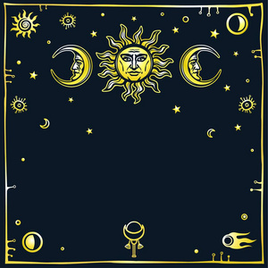 太阳和月亮与人脸的图像.装饰框,空间符号.密宗,神秘主义, 神秘主义.