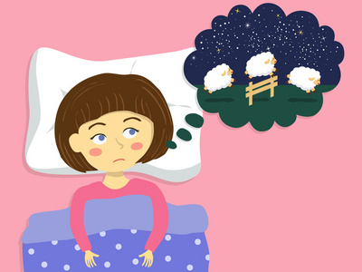 卡通女人很坏. 羊跳过篱笆人的性格不能睡眠和数绵羊.