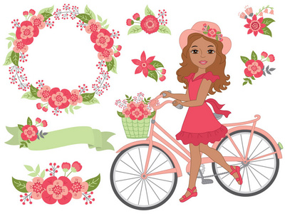 美丽的非洲裔美国女孩 自行车与粉红色的花朵矢量浪漫集