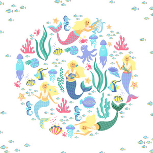 问候以海洋为主题的横幅。可爱的美人鱼 贝壳 海洋动物