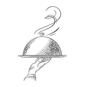 矢量手绘插画的侍者手端着一托盘照片