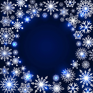 雪花框架。冬季主题。新年和圣诞节。不同形状和大小的雪花。矢量图像