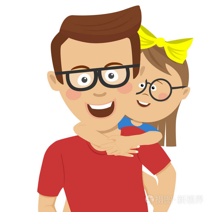 快乐的父亲给他的女儿的背上骑快乐的女孩她的父亲骑背驮式