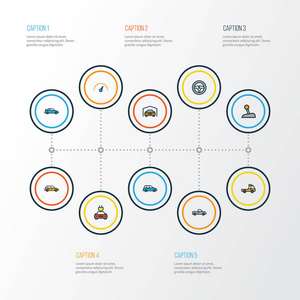 汽车多彩大纲图标设置。敞蓬车 汽车 轿车和其他元素的集合。此外包括车库 棚 自动的符号