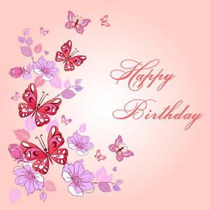 快乐的生日排版矢量设计贺卡和海报与花朵和蝴蝶。庆祝生日的的设计模板