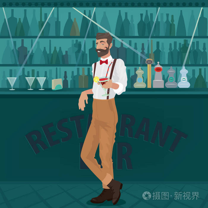 酒保时髦提供鸡尾酒在酒吧