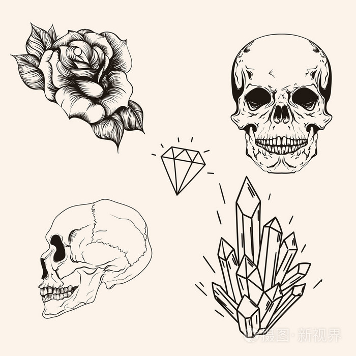 手绘素描骷髅纹身线条艺术老式病媒