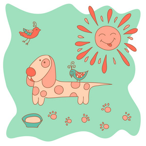 心机小粉红狗与太阳和卡通风格的鸟儿