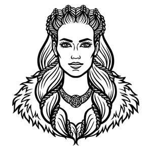 女人的女武神的画像.线性素描.孤立在白色背景上的矢量图照片