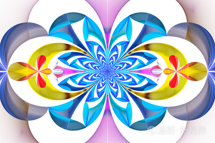 神话般的树叶的对称图案.蓝色和淡黄色