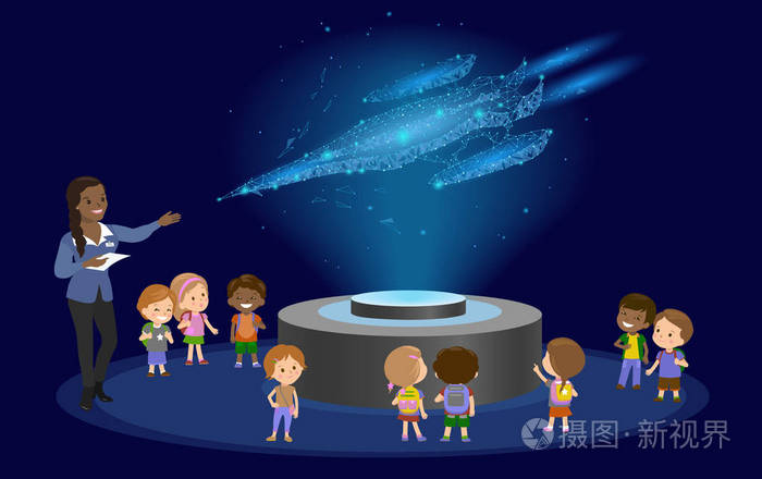 创新教育小学非洲棕色皮肤黑头发集团的孩子天文馆科学宇宙飞船全息图