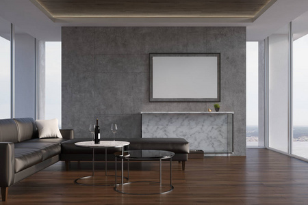 混凝土的客厅里,沙发和壁炉照片