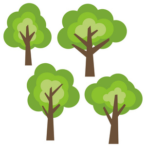 孤立在白色背景上的四个不同卡通绿色树木一套