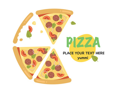 比萨饼平面图标分离。披萨片，片披萨。交付比萨饼横幅