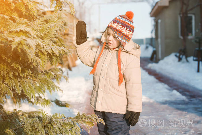 可爱的男孩,穿着保暖帽与波姆波姆在寒冷的冬天每天玩户外与雪的肖像