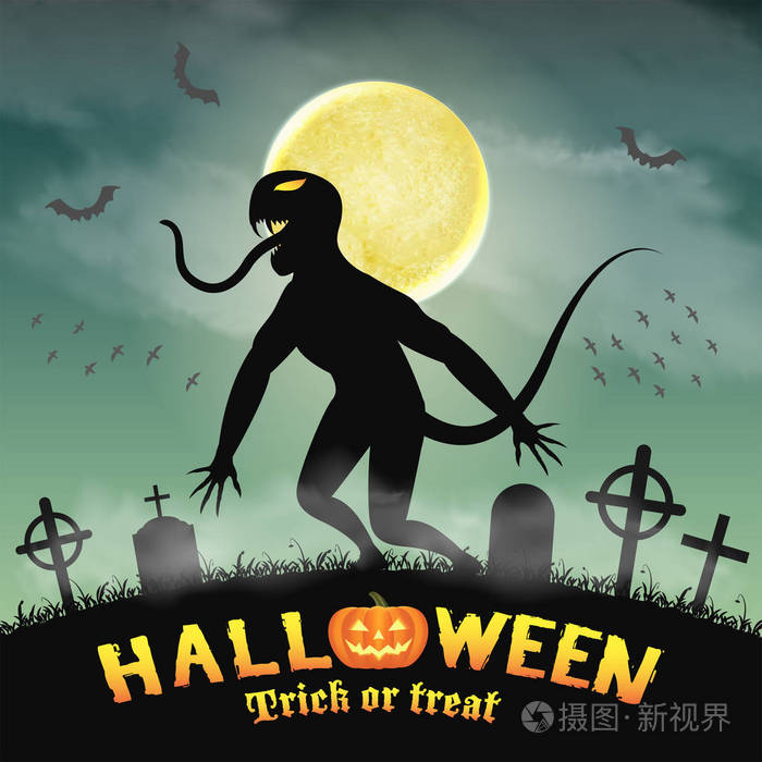 在晚上墓地的万圣节剪影怪物