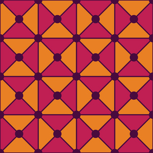 矢量现代无缝彩色几何三角形圆点图案 颜色紫色橙色抽象几何背景 枕多彩多姿的打印 复古纹理，时髦时尚设计