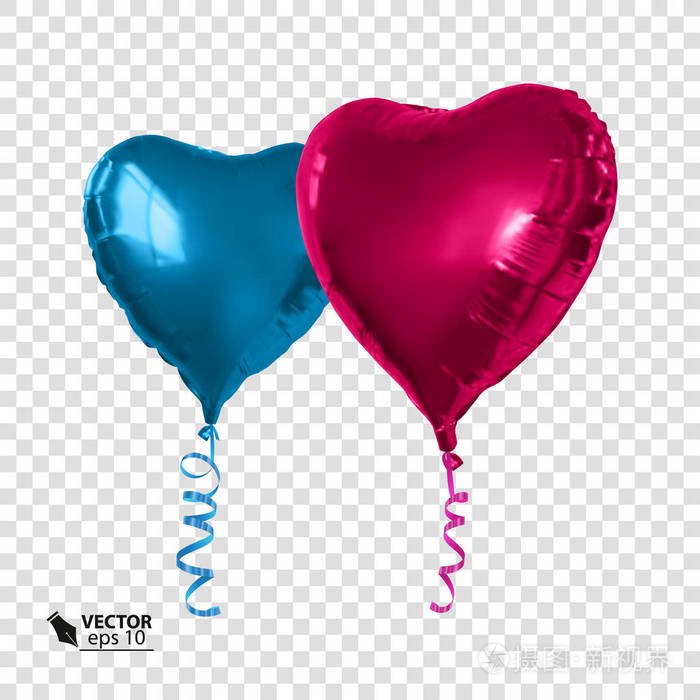 现实的红色和蓝色气球,一颗心的形状