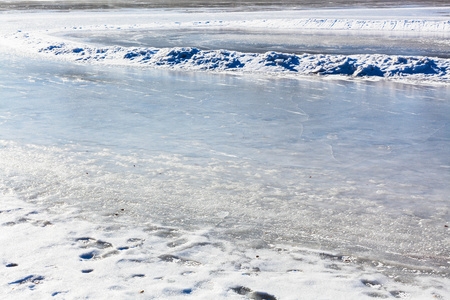 阳光明媚的冬日里的冰冻河流图片