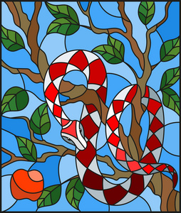 插画风格的苹果树在蓝色背景上的五彩蛇彩色玻璃