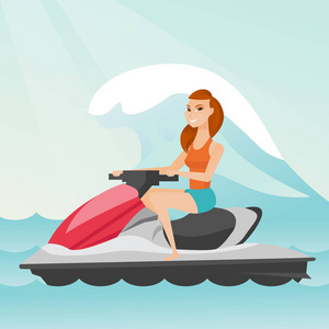 白种人的女人，骑上在海中的水滑板车