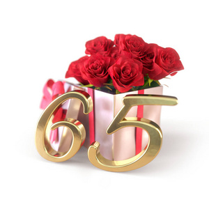 生日概念与红色玫瑰在白色背景上孤立的礼物。sixtyfifth。65.3d 渲染